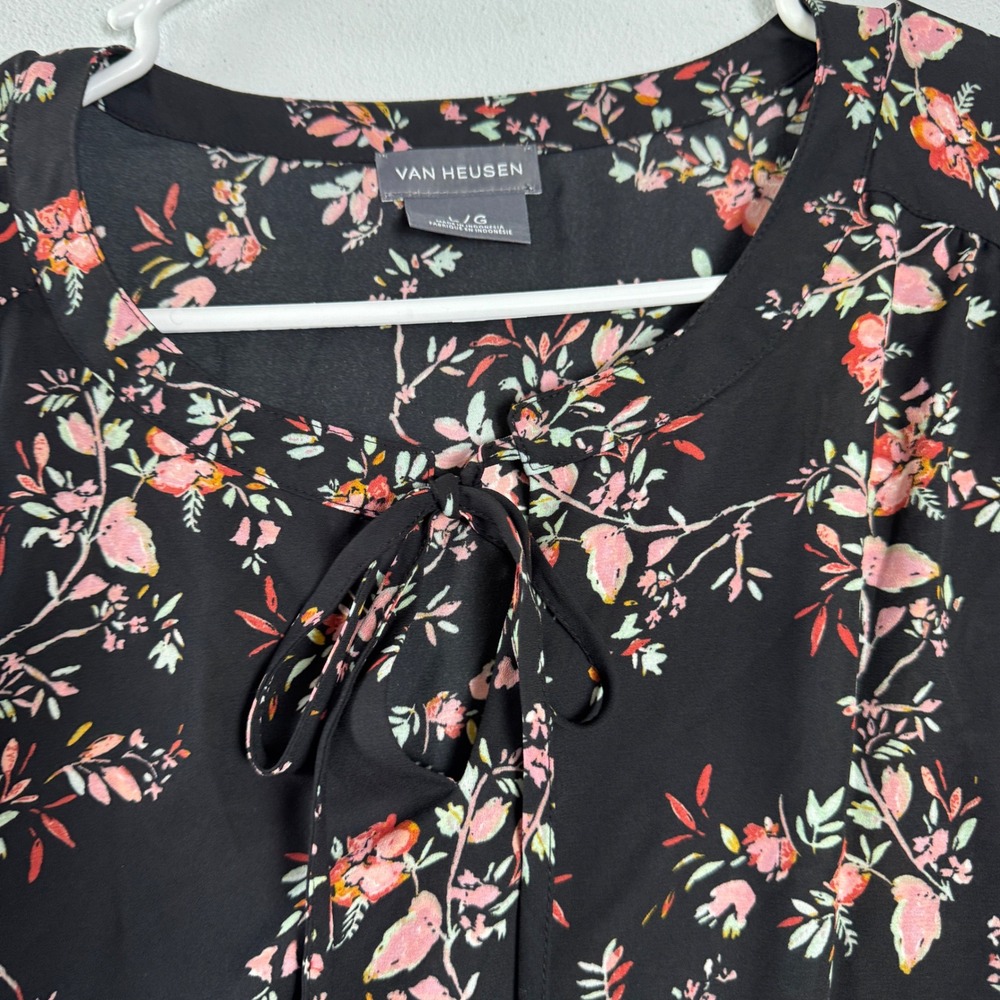 Van Heusen Womens Floral Blouse Black Pink Clip Dot Sheer Long Sleeve Top Large - Picture 5 of 9